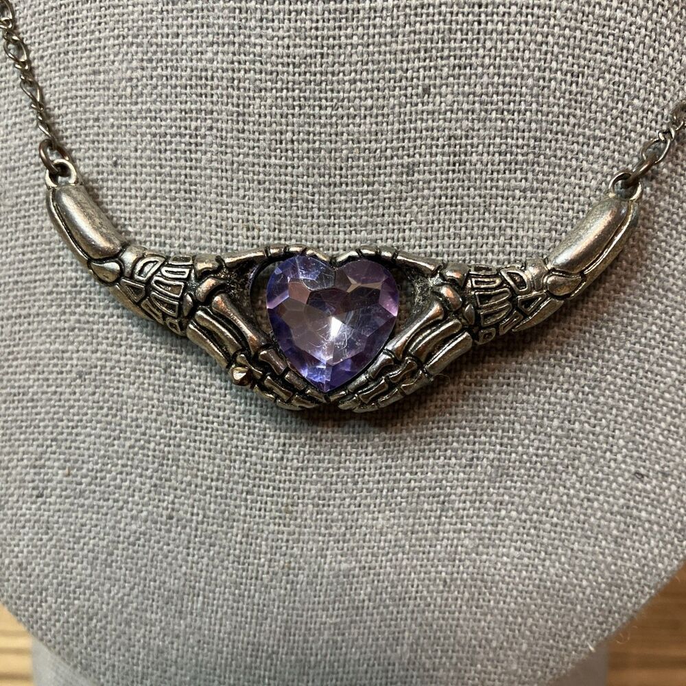 Corpse Bride Skeleton Hands Necklace Silver Tone Purple Rhinestone Heart - Picture 2 of 7